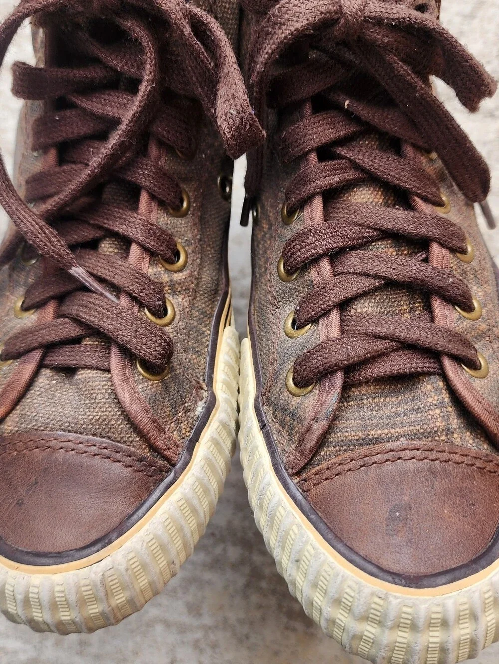 PF Flyers Brown Canvas Plaid High-Top Grunge Skater Sneakers, Sz M 5.5, W 7